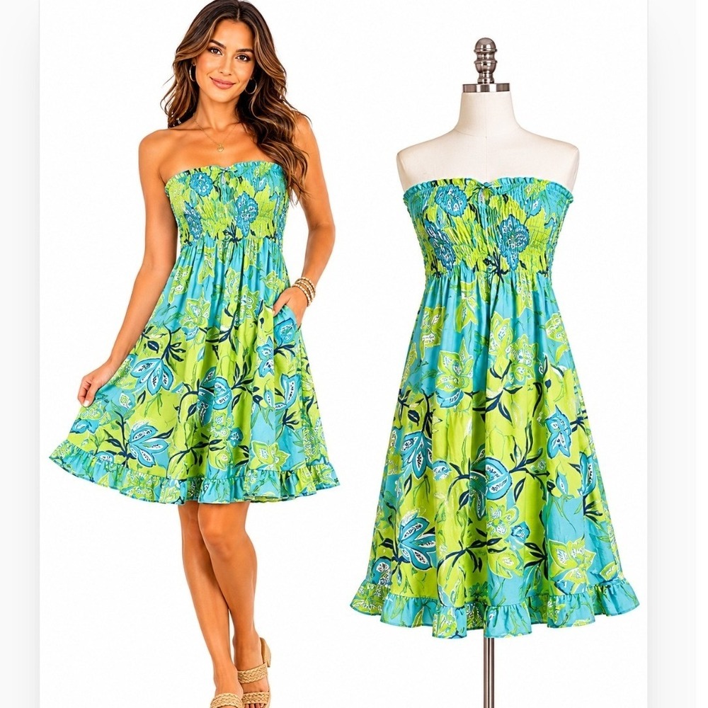 Avani Strapless Dress Medium Green Floral Smocked Boho Midi Garden Party